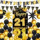 Black and Gold Happy 21st Birthday Decorations for Him Her, 21st Birthday Party Supplies with Fabric Backdrop, Pre-strung Banner, Triangle Pennants, Balloons, Photo Booth Decor for Men Women
