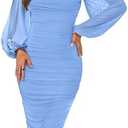MASCOMODA Women's 2025 Long Puff Sleeve Ruched Midi Bodycon Dress Sexy Mesh Wedding Guest Party Cocktail Dresses L