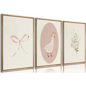 3Pcs Girls Nursery Wall Art Vintage Goose Wall Decor Pictures Pink Bow Poster Prints Kids Room Painting Artwork for Girls Room Bedroom Living Room Home Decoration,12x16in