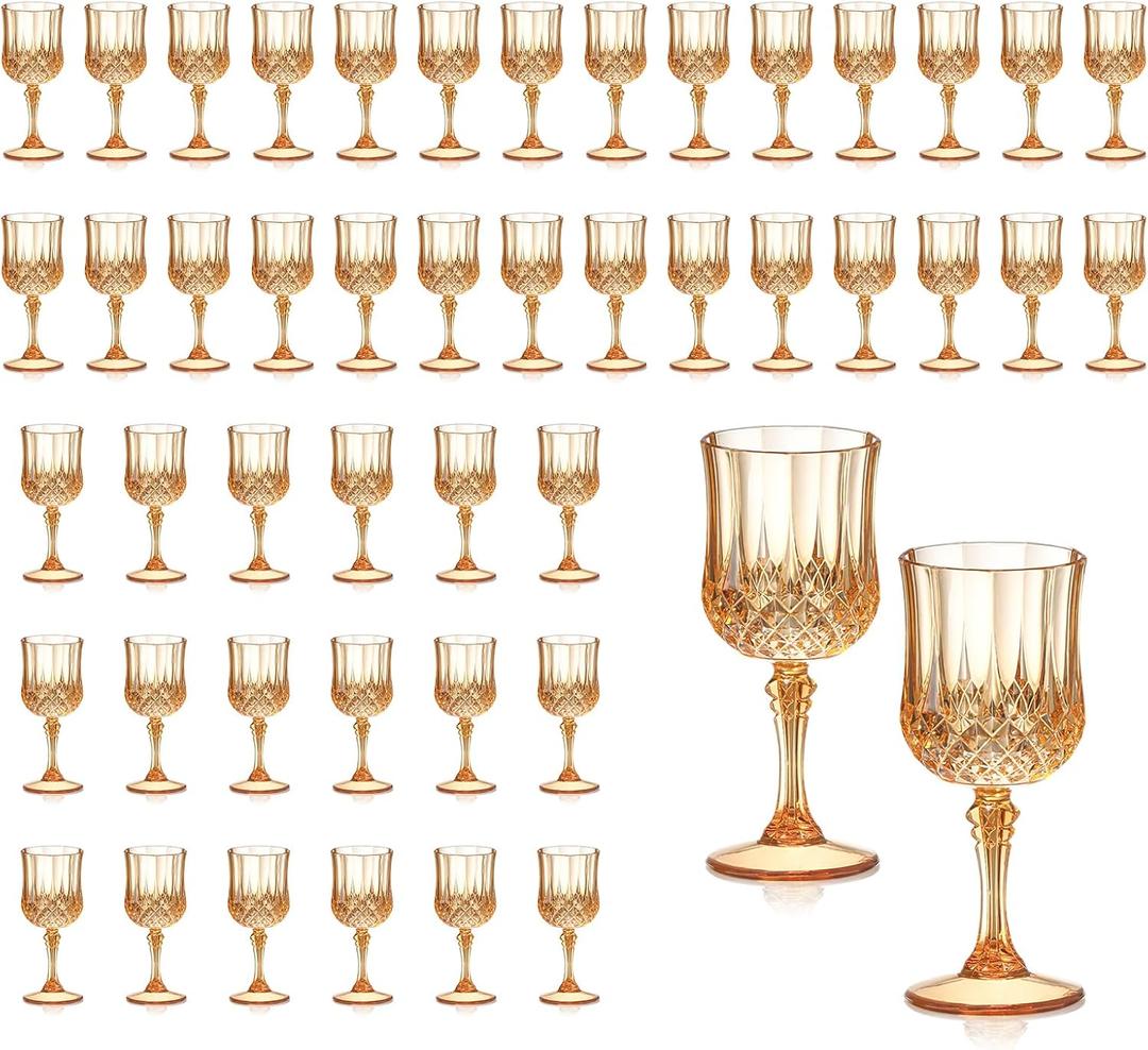 XUWAIDSGN 48 Pcs 7oz Plastic Vintage Liquor Glasses Drinking Glasses Unbreakable Wedding Glassware Crystal Water Goblets Reusable Drinkware Vintage Champagne Flutes (48, Amber)