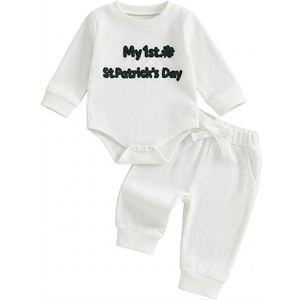 Douhoow Baby Boy St Patricks Day Outfit Infant Boy Girl My 1st St Patricks Embroidered Baby Sweatshirt Romper Pants Set (White, 9-12 Months)