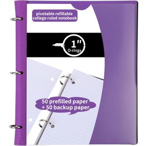 Pivotable Refillable Notebook, Upgraded 1 Inch 3 Ring Notebook Binder, 50 College Ruled Paper, 5 Subject Notebook with Dividers and Folder Pockets, Tabs- Purple