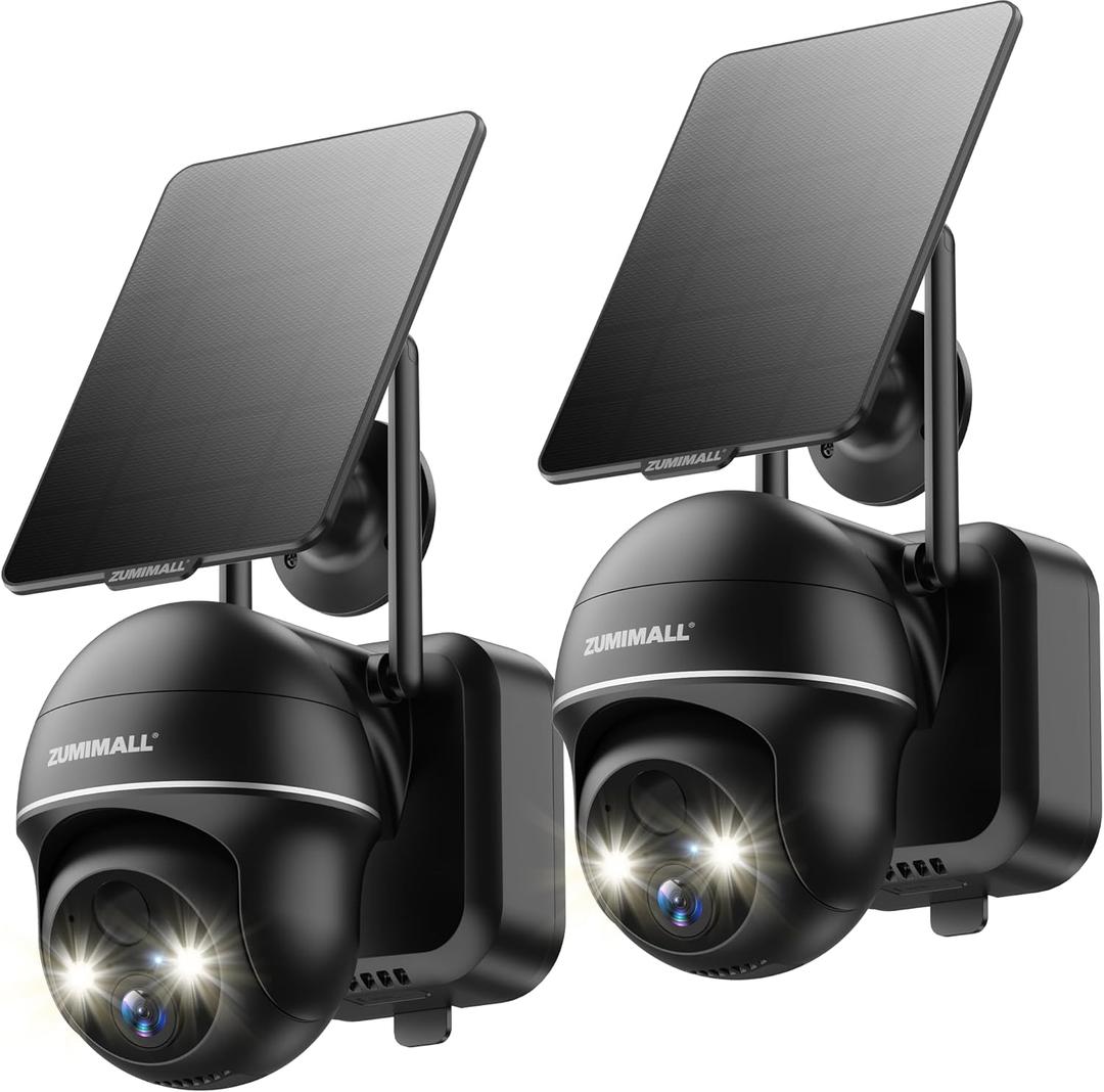 ZUMIMALL Security Cameras Wireless Outdoor - 2 Packs, 360View Outdoor Camera Wireless Solar Powered,2.4G WiFi, Spotlight/Siren//3MP Color Night Vision/AI Detection/IP66/Cloud/Alert, Work with Alexa