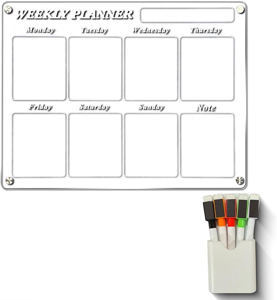 Acrylic Home Calendar Organization Board - Refrigerator Schedule Planner for Fridge or Wall - Weekly Magnetic Calendar for Refrigerator, Dry Erase Whiteboard