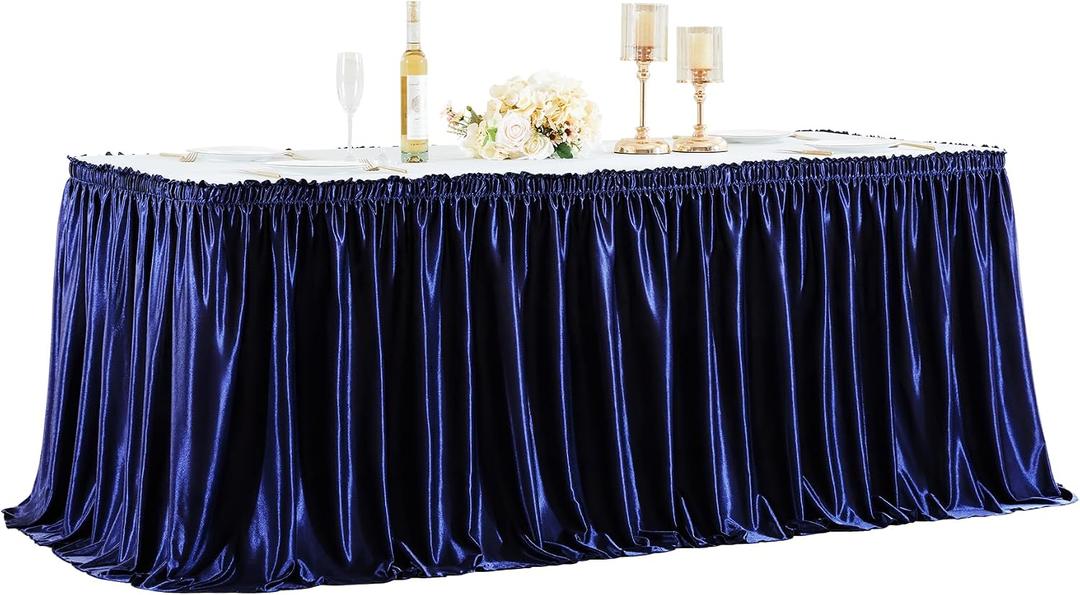 Wish Care 6ft Navy Blue Satin Table Skirt for Rectangle Tables Wrinkle Free Glitter Desk Skirts Pleated Ruffle Table Cloth for Wedding Birthday Baby Shower Party Banquet Cake Teacher Table Decorations