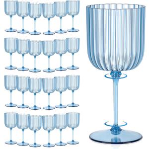 24 PCS Plastic Ribbed Wine Glasses 11oz Blue Detachable Wine Goblet Unbreakable Vintage Ripple Water Goblets Cocktail Drinking Cups for Parties Weddings Poolside Outdoors