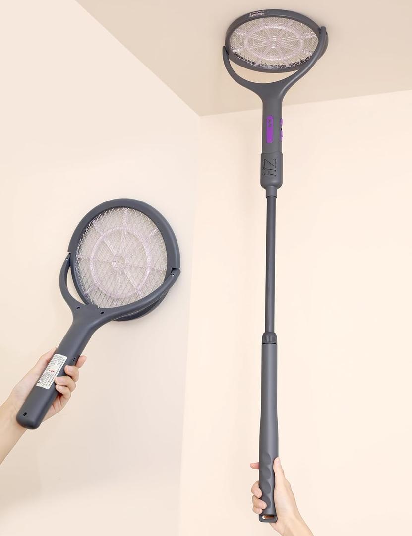 Electric Fly Swatter with Extendable Handle & Rotating Head, 3000V Rechargeable Bug Zapper Racket, 1200mAh Long Lasting, Reach Every Corner, Indoor Outdoor Mosquito Swatter