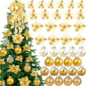 Canlierr 49 Pcs Gold Christmas Tree Decoration Set Tree Topper Bow 24 Pcs Christmas Glitter Artificial Poinsettia Flowers and 2.36 Inch Xmas Ball Ornaments for Xmas Party Holiday Decor