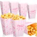 Fullhawl 24 Pcs Pink Bow Mini Popcorn Boxes Pink and White Bulk Popcorn Containers Open Top Goodies Treat Candy Bags for Wedding Baby Shower Party Supplies