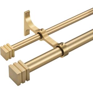 Mayrhyme Double Curtain Rods with Aluminum Full Surround Brackets and Cube Box Finials,Warm Gold Curtain Rods for Windows 36 to 72 inch,1'' Front and 5/8''Back Adjustable Double Drapery Rods
