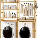 COZIVOLIFE Over the Washer and Dryer Storage Shelf Bamboo,5 Tiers Laundry Room Drying Rack with Adjustable Shelves and 4 Hooks,Space Saver Organizer for Hanging Clothes and Towels (Natural)