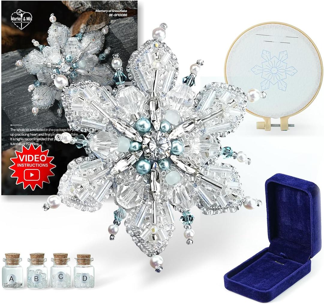 Relime Bead Embroidery Starter Kit w Step-by-Step Video Tutorials, Snowflake Craft Kit Hand Embroidery Kit with Patterns, Handmade Jewelry DIY for Adults and Kids