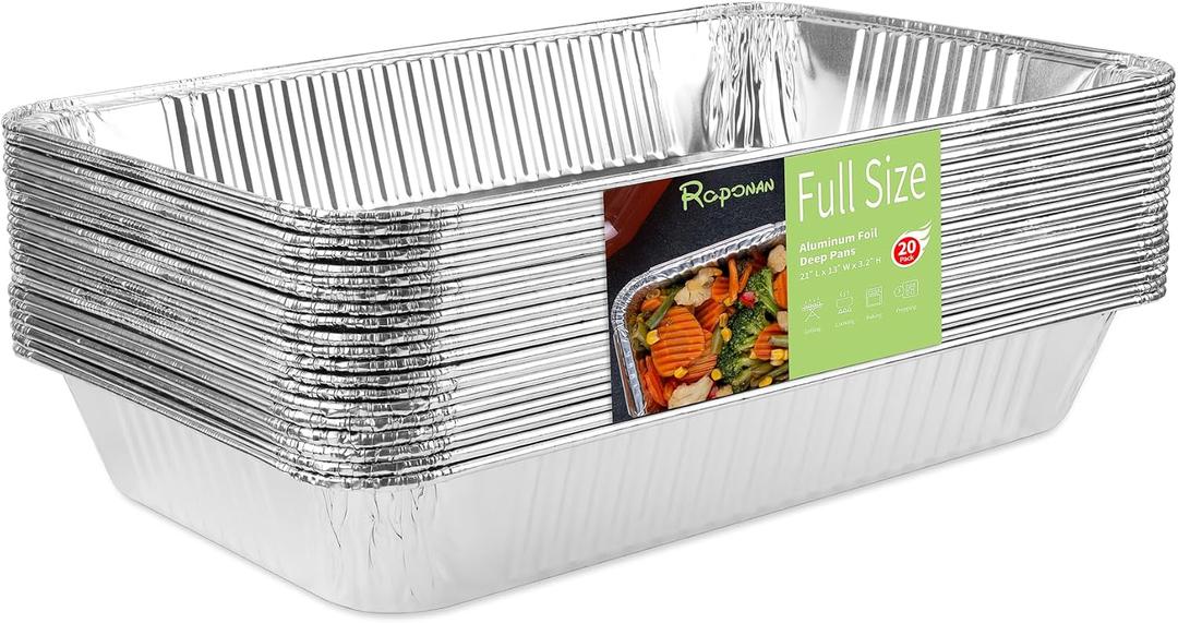 20-Pack Heavy Duty Full Size Aluminum Foil Deep Pan, 21x13 Disposable Roasting Pan for Cooking, Baking & Grilling, Large Chafing Pan for Catering, Steam Table, Buffets of Hotel & Restaurant