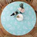 Round Vinyl Fitted Tablecloth, Waterproof Elastic Table Covers Wipeable Flannel Backed Tablecloths for Picnic Camping Indoor and Outdoor (Leaf,Turquoise, Fits 57" to 65" Diameter Tables)