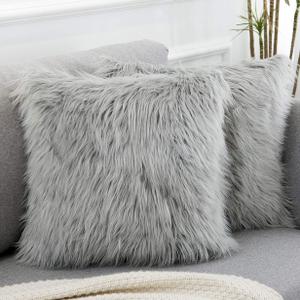 Light Grey Faux Fur Throw Pillow Covers 18x18 Inch Set of 2, Luxury Fluffy Shaggy Plush Cushion Cases for Couch Sofa Bed Living Room Decor, Soft Fuzzy Pillow Covers with Hidden Zipper