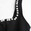 Womens Sexy Square Neck Mini Pearl Dress Sleeveless Backless A Line Ruffle Short Wedding Guest Dresses (Black, L)