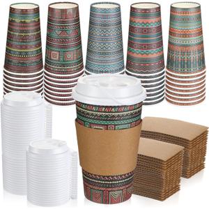 50 Set Disposable Coffee Cups with Lids and Sleeves Bulk 16 oz Paper Cups for Cold Drinks Hot Chocolate Tea Beverage Winter Supplies