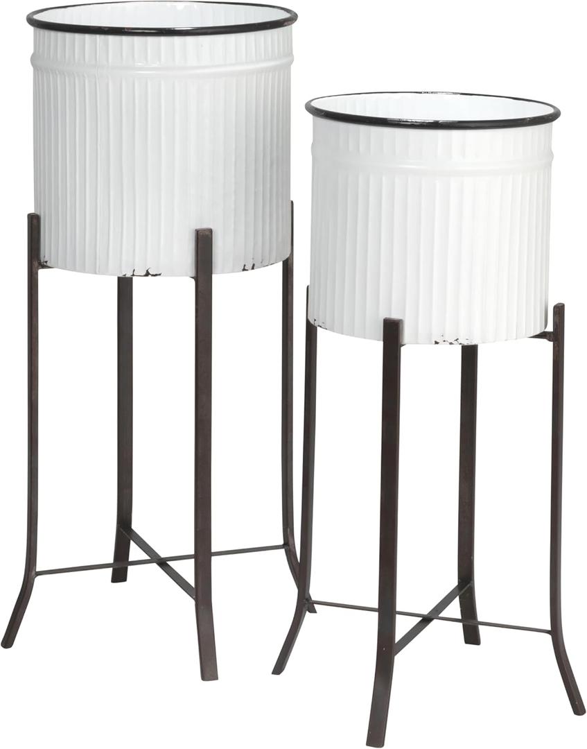 Creative Co-Op Round Metal Planters on Stands, White and Black, Set of 2 (30-3/4"h)