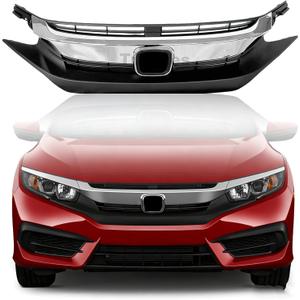 Front Bumper Grille for 2016 2017 2018 Honda Civic, Black with Chrome Molding Front Upper Hood Grill Replacement Part