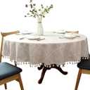 Heavy Weight Cotton Linen Tablecloth, Plaid Tassel Round Table Cover for Kitchen Dining Small Table 24"-40" (2 Seats), Round - 48", Beige