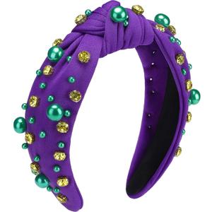 3 x WantGor Pearl Knotted Headband, Women Rhinestone Embellished Hairband Elegant Wide Top Knot Bride Headbands Headpieces Party Fashion Elegant Ladies Hair Band Hair Hoop Accessories (Dark Purple)