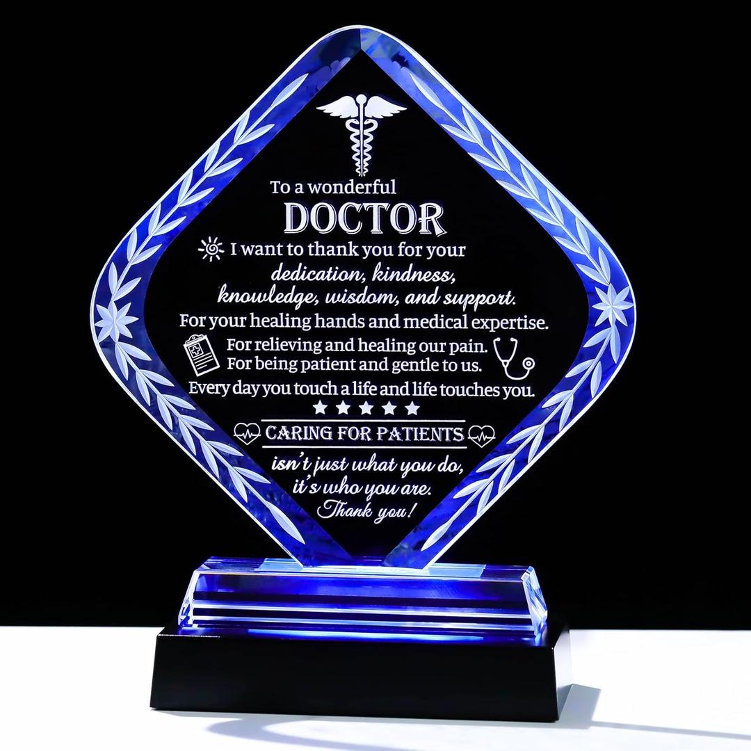Movdyka Thank You Doctor Gifts for Women Men Crystal Keepsakes with Colorful Light Base Doctor Appreciation Gifts for Famale Male Best Doctors Day Retirement Birthday Plaque Decor