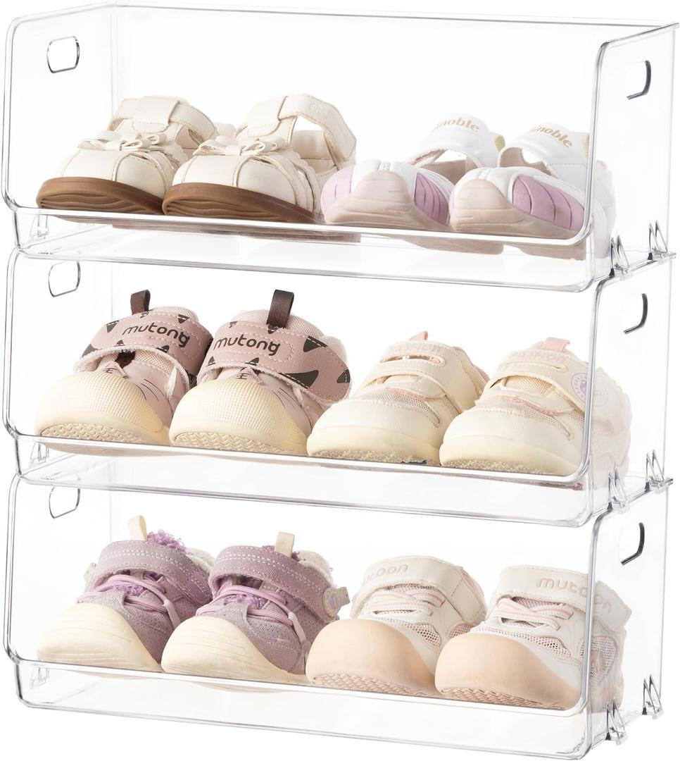 HBlife Clear Acrylic Kids Shoe Rack Baby Toddler Shoe Storage Organizer for Closet Floor Entryway Bedroom, 3 Tier Stackable Small Shoe Rack Shelf Display Stand