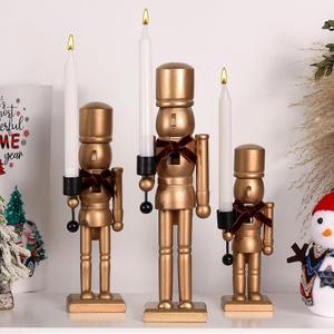 3 Pcs Nutcracker Christmas Decor Candle Holders 12'' 10'' 8'' Gold Wooden Nutcracker Figures with Candlestick and Velvet Bows Nutcracker Soldier Christmas Ornaments for Xmas Party Table Centerpeice