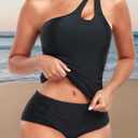 Women's Two Piece Tankini Swimsuits One Shoulder Tummy Control Keyhole Bathing Suits Swim Top with Bottom (Black, L)