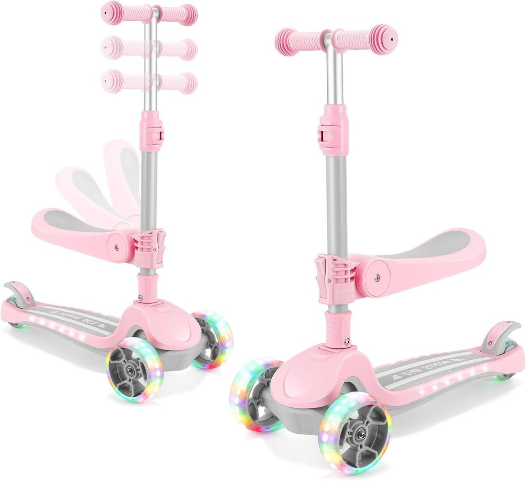 3 Wheel Scooter for Kids Ages 2-10 Years, 2 in 1 Kick Kids Scooter with Swivel Seat, Flashing Wheels and Light up Deck, 4 Adjustable Heights, Lean to Steer, Suitable for Boys & Girls Aged 2+ (Pink)