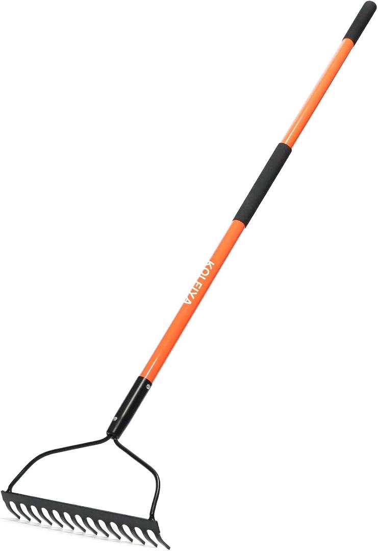 KOLEIYA Garden Rake Heavy Duty, 14-Tine Bow Rake with 57" Fiberglass Handle, for Soil Leveling, Lawn Care, Mulch Spreading, Leaf and Debris Cleanup