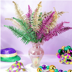 Thiccywoov 12 Pcs Mardi Gras Decoration Mardi Gras Picks Glitter Leaf Stems 17.7'' Purple Green Gold Ornaments Artificial Branch Stems Table Decor for Wreath Vase Fillers Holiday Carnival Party Decor