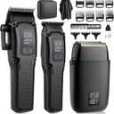 QREEYX Professional Hair Clipper for Men, 3 in 1 Hair Clipper Beard Trimmer and Electric Foil Shaver Set with LED Display, Cordless Grooming Kit for Home, Travel, Barber, Ideal Gift for Him