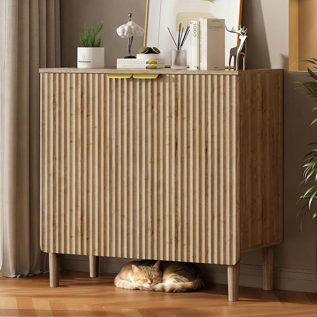 Sideboard Buffet Storage Cabinet - Wood Cabinets with Adjustable Shelves Fluted Doors, Anti-Tip Console Table for Kitchen Dining Living Room or Entryway Hallway, Easy Assembly, Natural, 15"Dx31.5"Wx31.1"H
