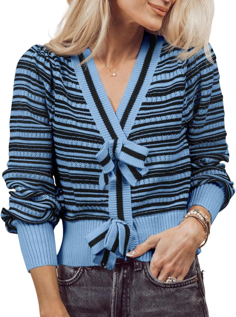 Saodimallsu Womens Striped Cropped Sweaters V Neck Cute Bow Tie Puff Sleeve Loose Knit Trendy Pullover Sweater (Medium, Blue)