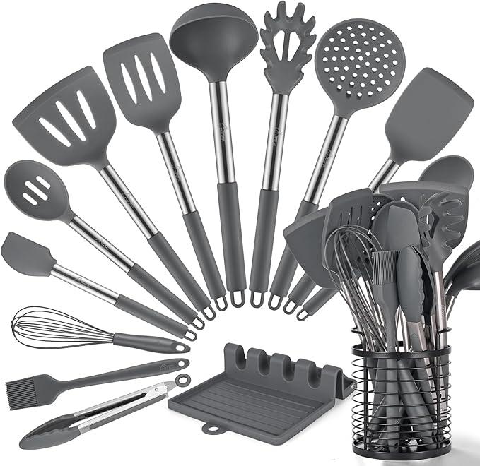 HOTEC 446F Heat Resistant Silicone Kitchen Utensils, BPA Free Cooking Utensil Set, Spatula Set, Kitchen Gadgets, with Stainless Steel Utensils Holder, Dishwasher Safe, 14pcs Classic Blue