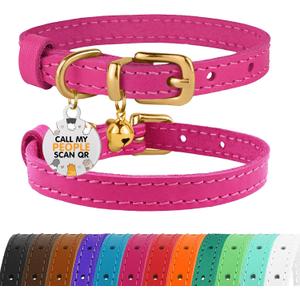 BRONZEDOG Leather Cat Collar with Removable Bells Non Breakaway Kitten QR Tag for Girl Boy (7" - 9" for Cats, Pink & Gold)