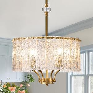 FookChak Gold Glass Light Fixture 18in Gold Drum Chandelier 6-Light Crystal Glass Ceiling Pendant Light Fixture with Adjustable Chain for Kichen Island Dining Room Bedroom