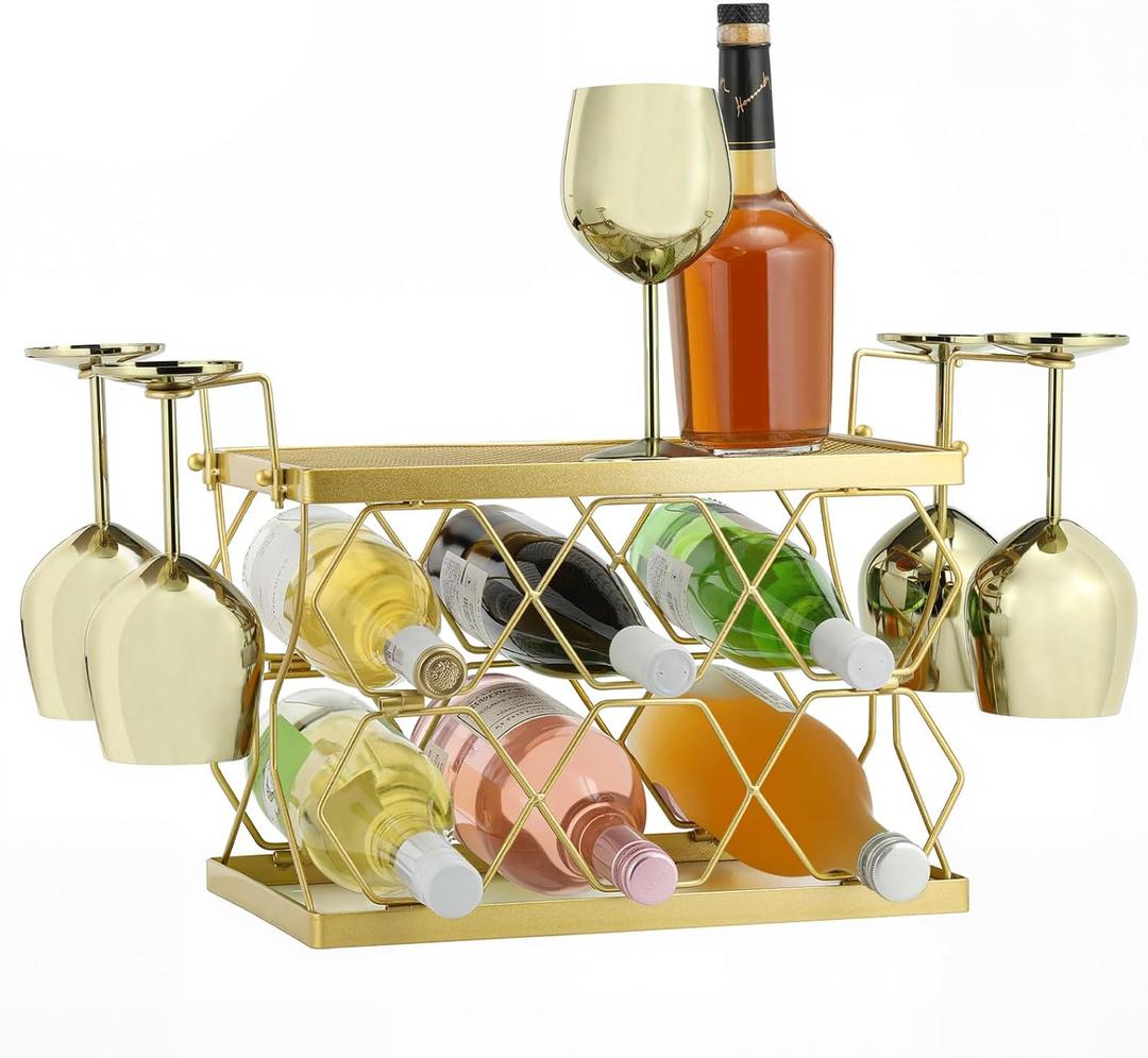Countertop Wine Rack Organizer - Holds 6 Oversized Bottles & 4 Glasses | Freestanding Small Metal Bottle Holder, Perfect for Home Dcor, Kitchen Storage and Cabinet | No AssemblyGold