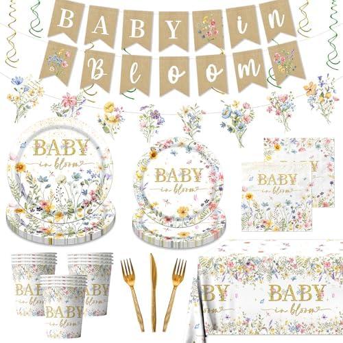 178Pcs Baby in Bloom Baby Shower Decorations-Wildflower Paper Plates and Napkins Kit Girls Floral Baby Shower Dinnerware Serves 24