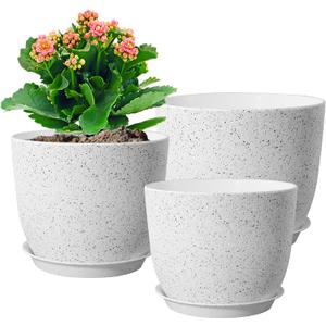 9/8/7.5 inch Flower Pots, Set of 3 Modern Decorative Plastic Planters with Drainage Holes and Saucers for Garden House Plants, Plant Pots for Indoor Outdoor Plants, Speckled White