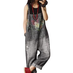 YESNO P60 Women Jeans Cropped Pants Overalls Jumpsuits Hand Painted Poled Distressed Casual Loose Fit (Small)