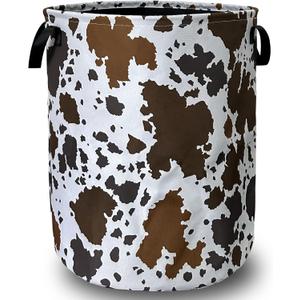 Cows Skin Brown Print Laundry Basket Foldable With Handles Tote Bag Oxford Cloth Animal Funny Laundry Hamper Clothes Storage Bucket Toy Organizer 18.9" x16.5" For Bathroom/Laundry/Bedroom