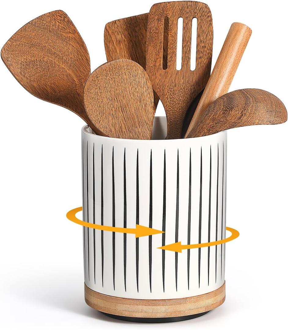 360 Rotating Ceramic Utensil Holder for Countertop, 7.9 Inch Extra Large Crock for Kitchen Utensils, Morden Organizer for Cooking Tool, Kitchens Decor