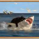 Floating Framed Black Cat Wall Art, Funny Quirky Cat and Shark Pictures Canvas Print, Abstract Black Cat Shark Posters Wall Decor for Room Bedroom Living Room Bathroom Aesthetic 20x20 inch