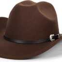 Western Cowboy Hat for Men Women Classic Roll Up Fedora Hat with Buckle Belt(Size:S-M) (Brown)