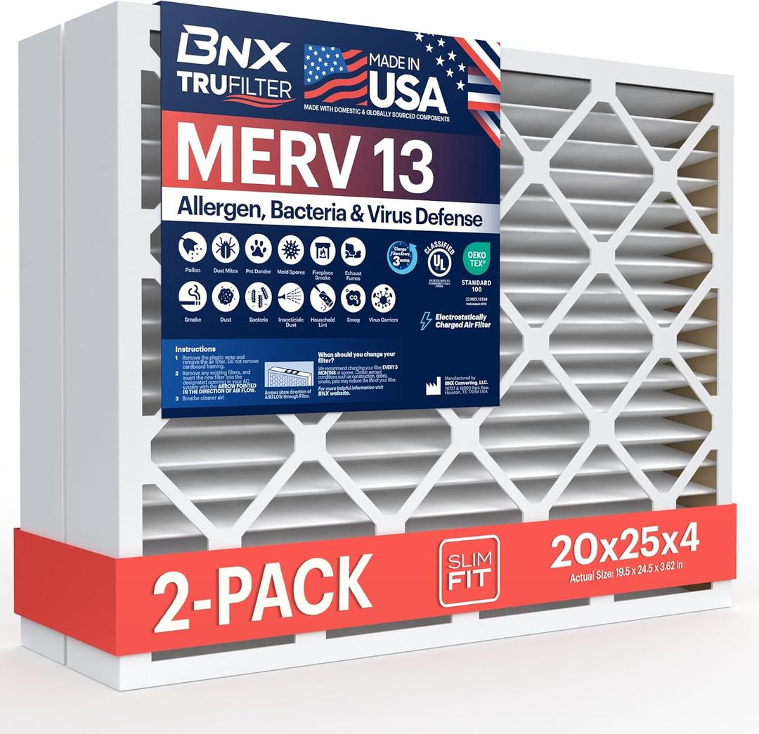 BNX TruFilter 20x25x4 (19.5 x 24.5 x 3.63 Slim Fit) MERV 13 Air Filter (2-Pack) - MADE IN USA - Air Conditioner HVAC AC Furnace Filters Health, Allergies, Mold, Bacteria, Smoke, MPR 1900 FPR 10