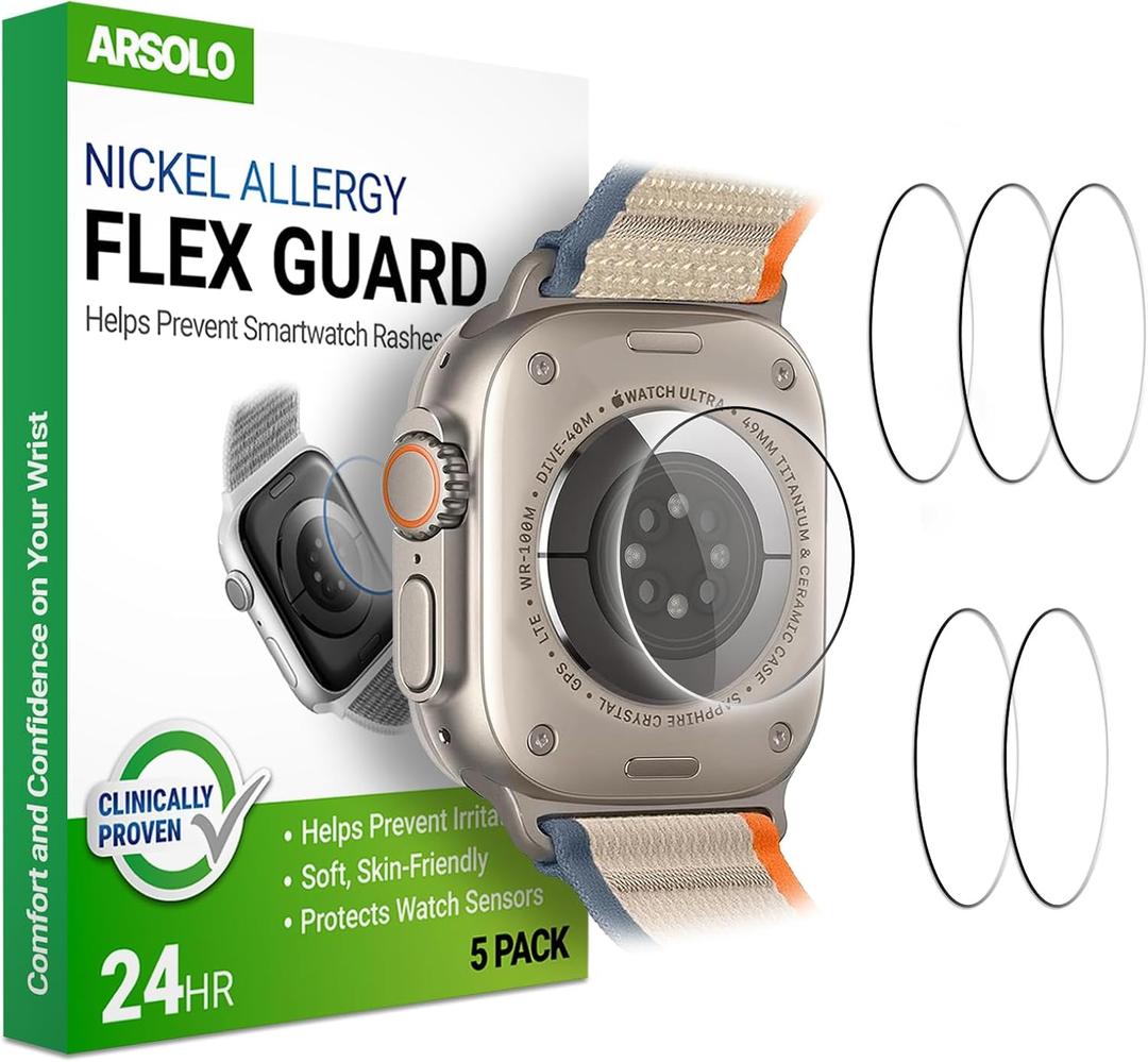 [5 Pack] Flex Guard Nickel Metal Allergy Back Protector for Apple Watch Ultra 3/2/1, Prevent Rash, Contact Dermatitis, Soft Film, Sensor Protector, Back Cover for iWatch 49mm