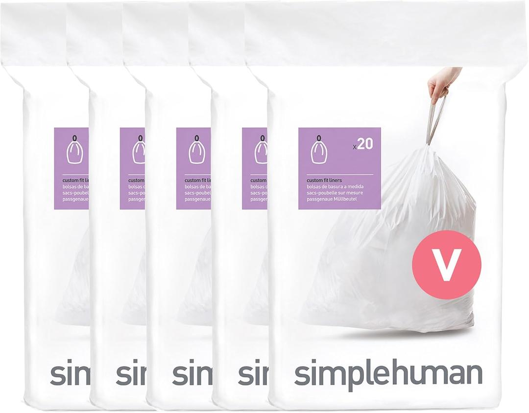 simplehuman Code V 100 Count, Dispenser Pack Custom Fit Liners, Drawstring Trash Bags, 16-18 Liter / 4.2-4.8 Gallon, White