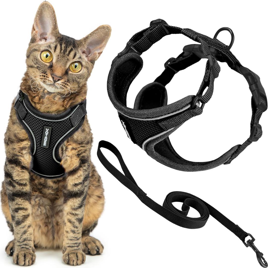 Voyager Escape Proof Cat Harness and Leash Set with Reflective Stitching, Neoprene Handle 5ft - Supports Small, Medium and Large Cats, Kittens for Walking by Best Pet Supplies - Black, S